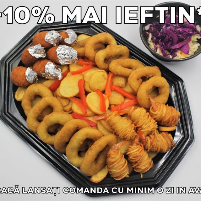 Platou rapid 9 fructe de mare - contine calamar pane, muslitos, creveti in cartofi, cartofi grecesti, salata de varza alba si varza rosie - recomandare de consum 3 persoane - 123 lei. Pretul afisat este cel cu reducerea de 10% aplicata.
